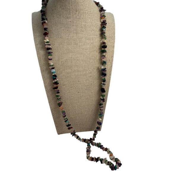 Multi Stone Chip Chippy Necklace Long Strand Semi Precious Gemstones Multi Color - Picture 3 of 8